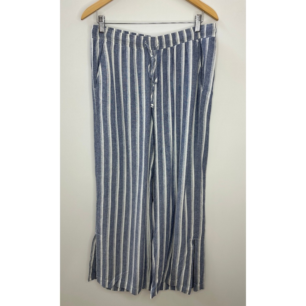 Cloth & Stone Linen Blend Wide Leg Slit Pants Size Medium Striped Blue Resort - Picture 2 of 12